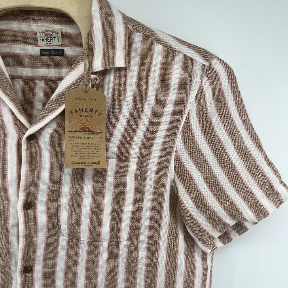 Faherty‎ Palma Linen Camp Shirt Mens M Sienna Valley Stripe Linen NWT Beach $168 - Picture 2 of 3
